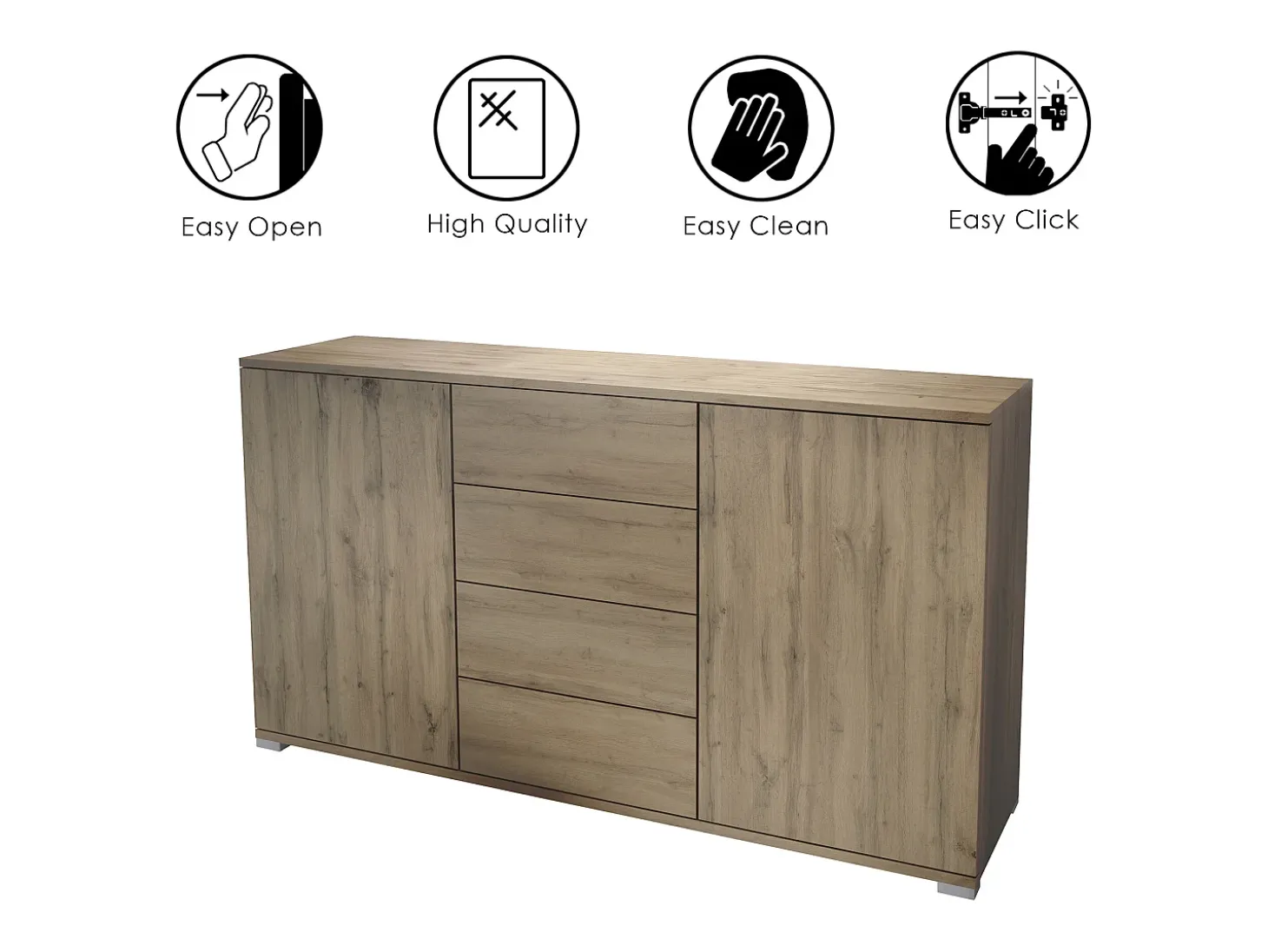 Aparador Santo V1, Mueble con 2 puertas y 4 cajones, Roble Evoke / negro mate (138,5 x 75,5 x 35 cm)