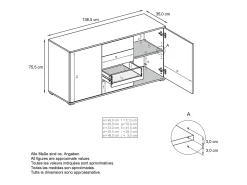 Aparador Santo V1, Mueble con 2 puertas y 4 cajones, Roble Evoke / negro mate (138,5 x 75,5 x 35 cm)