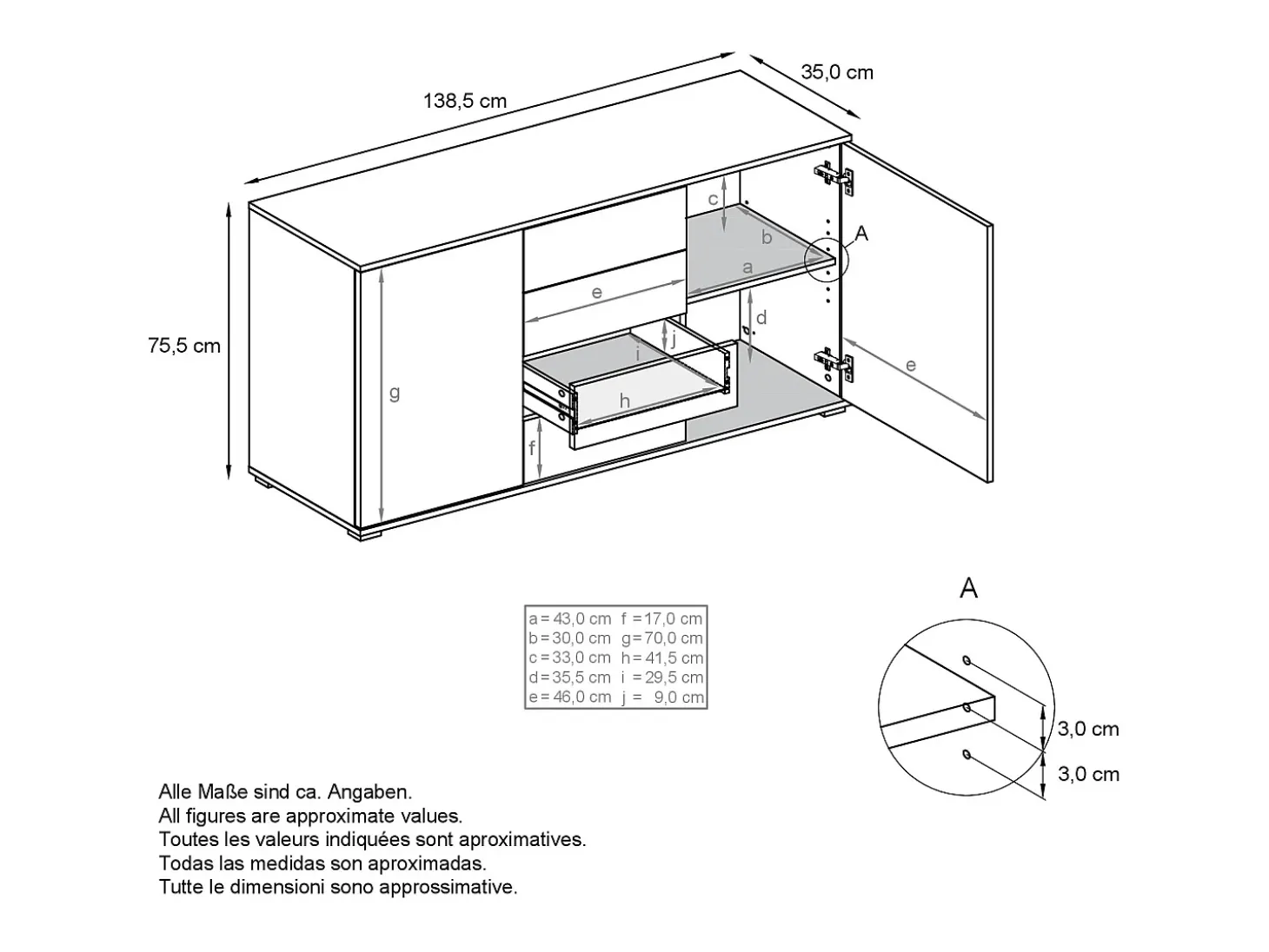 Aparador Santo V1, Mueble con 2 puertas y 4 cajones, Roble Evoke / negro mate (138,5 x 75,5 x 35 cm)