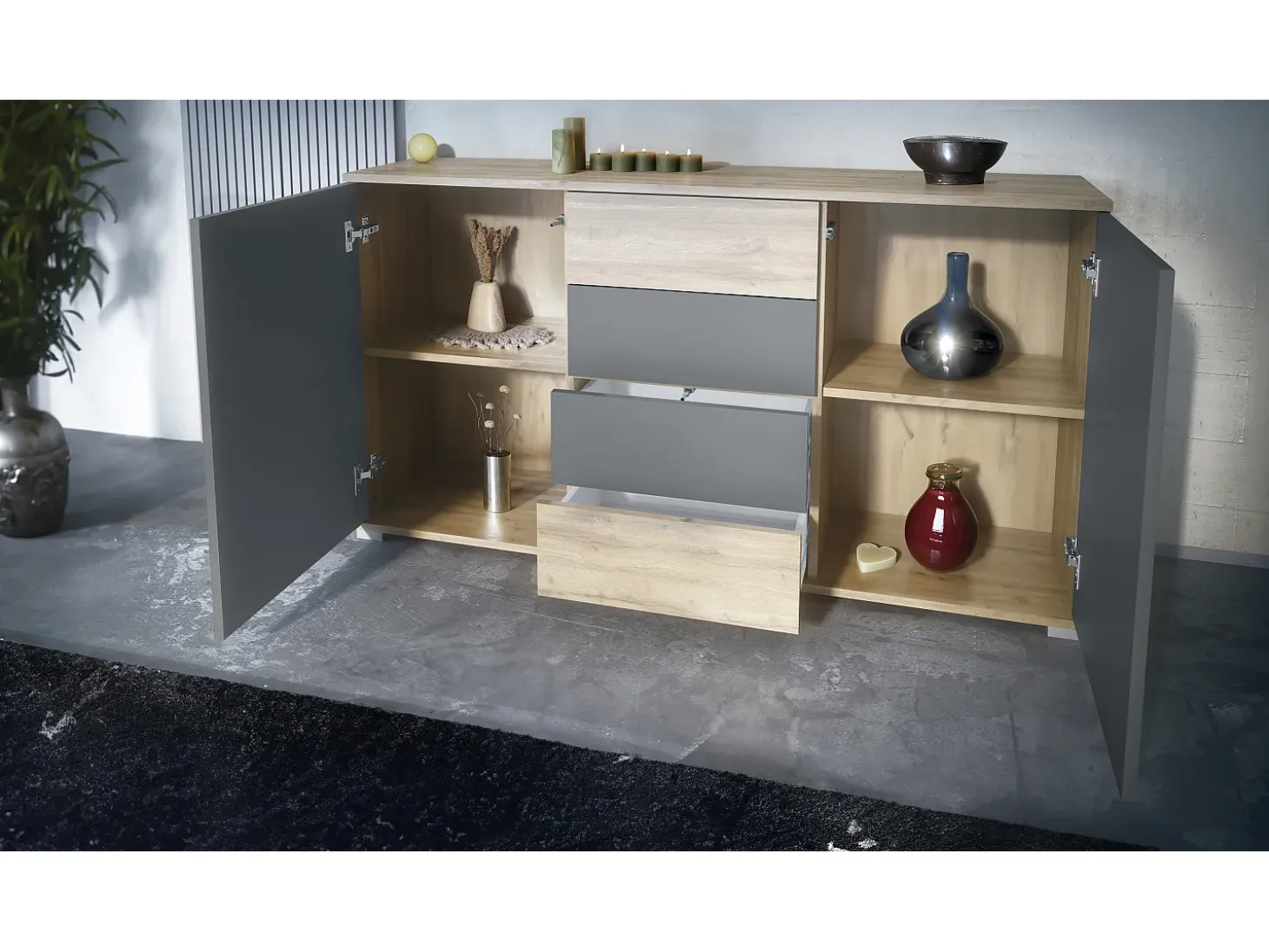 Aparador Santo V1, Mueble con 2 puertas y 4 cajones, Roble Evoke / negro mate (138,5 x 75,5 x 35 cm)