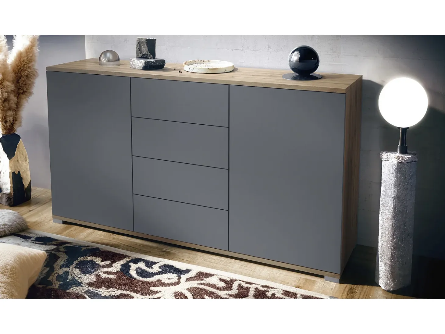Aparador Santo V1, Mueble con 2 puertas y 4 cajones, Roble Evoke / antracita mate (138,5 x 75,5 x 35 cm)