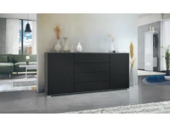 Aparador Santo V2, Mueble con 2 puertas y 4 cajones, antracita mate / negro mate (166,5 x 75,5 x 35 cm)