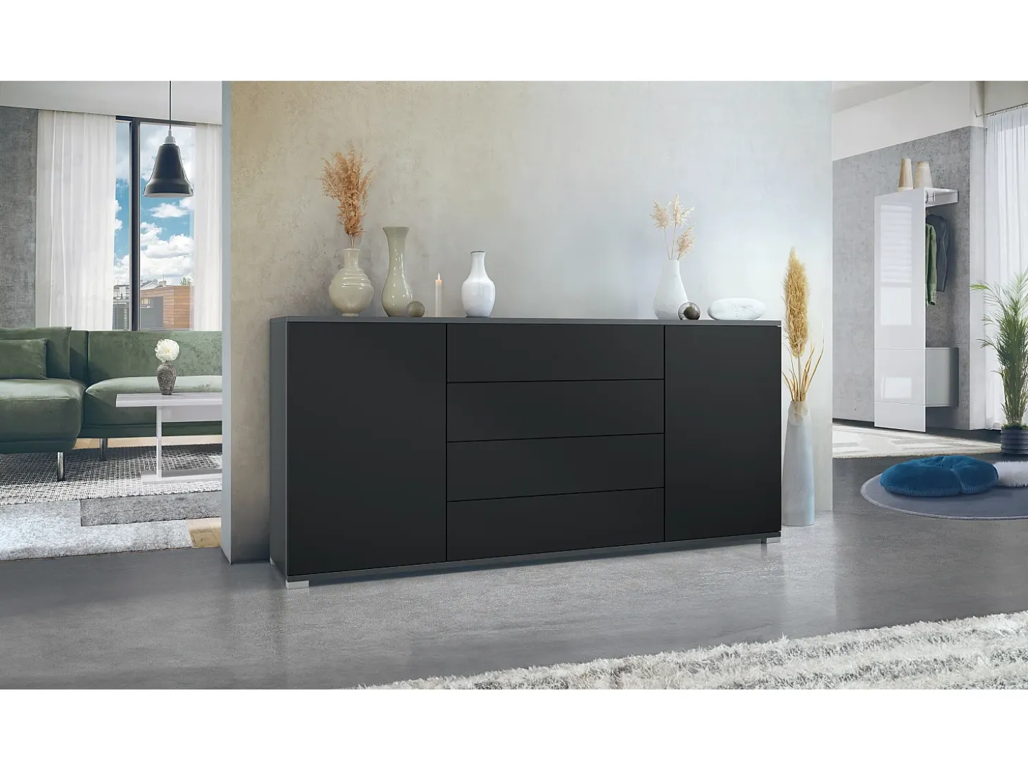 Aparador Santo V2, Mueble con 2 puertas y 4 cajones, antracita mate / negro mate (166,5 x 75,5 x 35 cm)