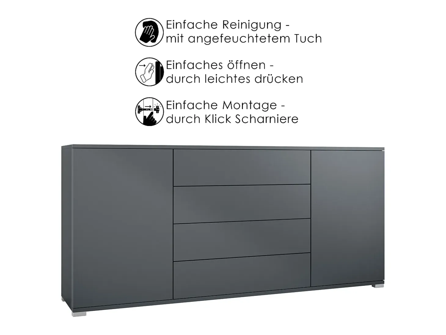 Aparador Santo V2, Mueble con 2 puertas y 4 cajones, antracita mate / negro mate (166,5 x 75,5 x 35 cm)