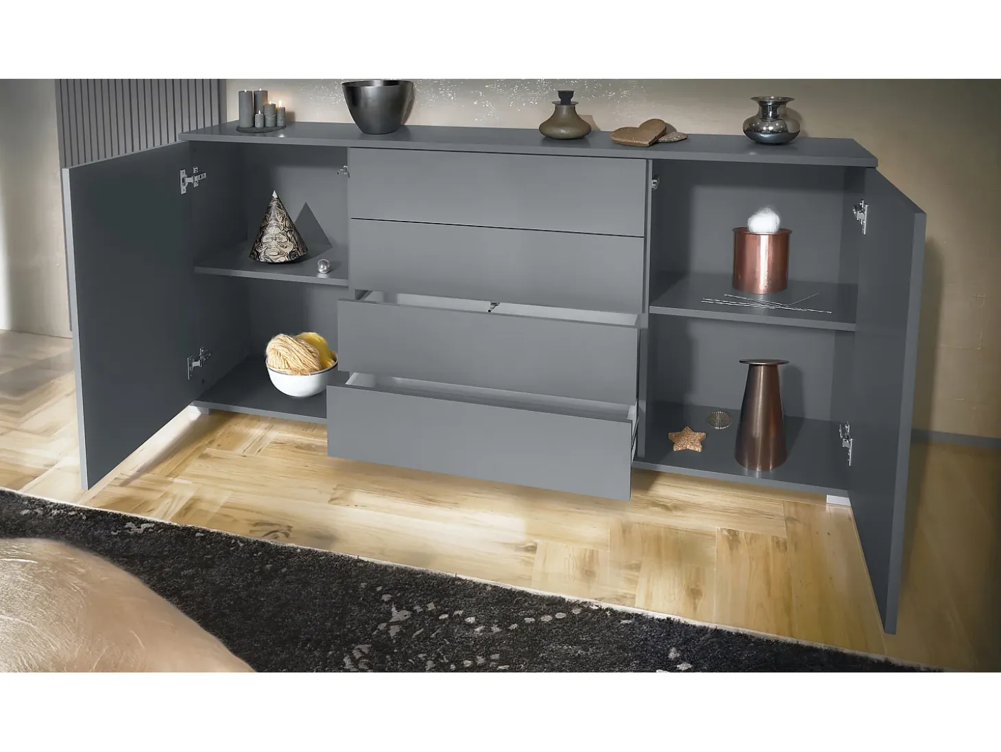 Aparador Santo V2, Mueble con 2 puertas y 4 cajones, antracita mate / negro mate (166,5 x 75,5 x 35 cm)