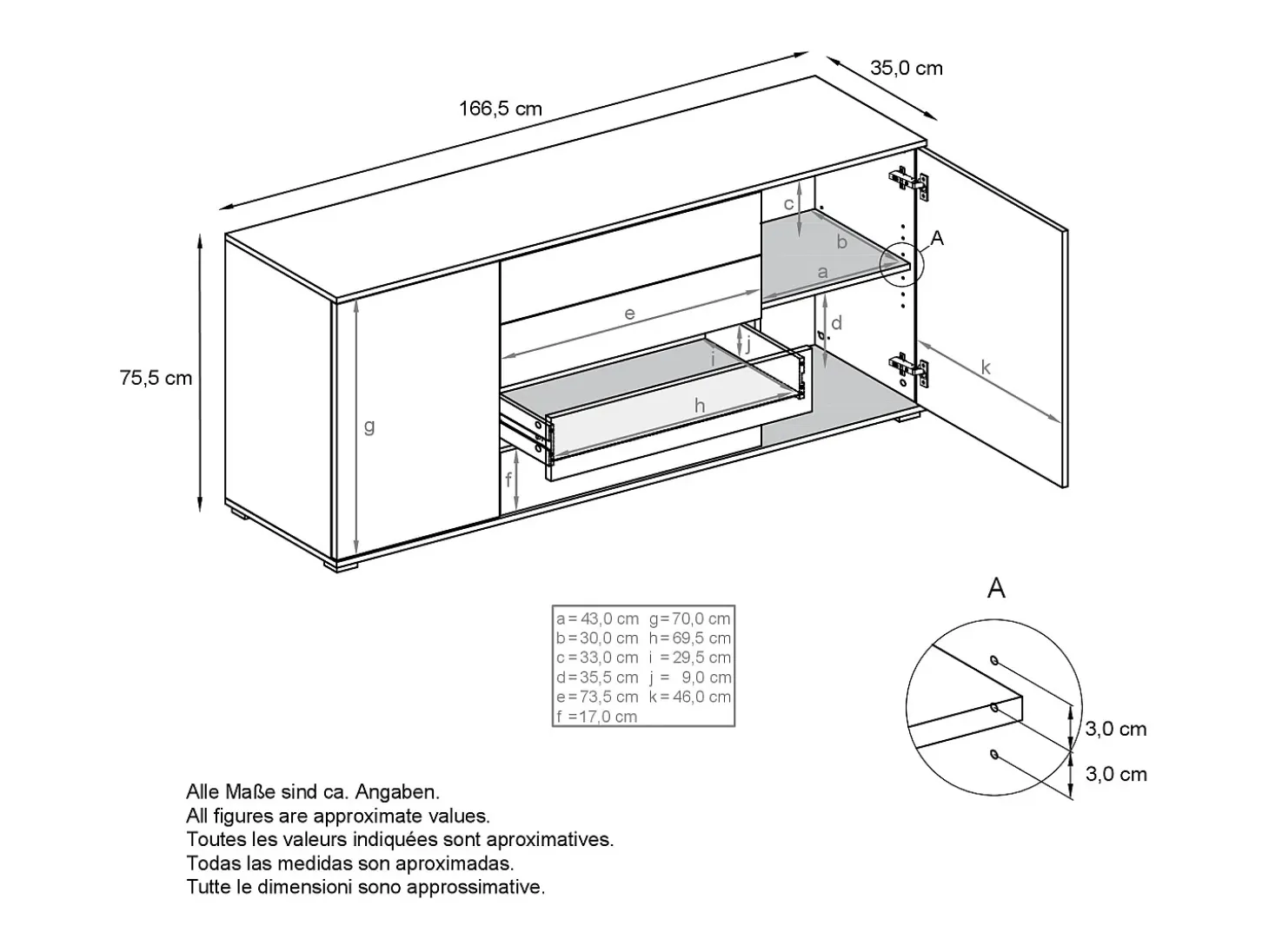 Aparador Santo V2, Mueble con 2 puertas y 4 cajones, antracita mate / negro mate (166,5 x 75,5 x 35 cm)