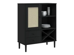 Aparador SENJA en imitación ratán negro 90x40x112cm madera maciza de pino