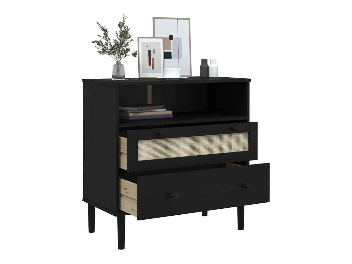 Aparador SENJA en imitación ratán negro 80x40x80 cm madera maciza de pino