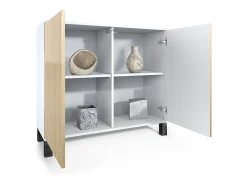 Aparador Skadu V3, Armario de Cocina Moderno con 2 Puertas Grandes blanco mate / burdeos de alto brillo (92,5 x 84.5 x 35)