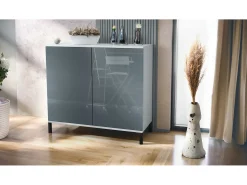 Aparador Skadu V3, Armario de Cocina Moderno con 2 Puertas Grandes blanco mate / gris de alto brillo (92,5 x 83.5 x 35)