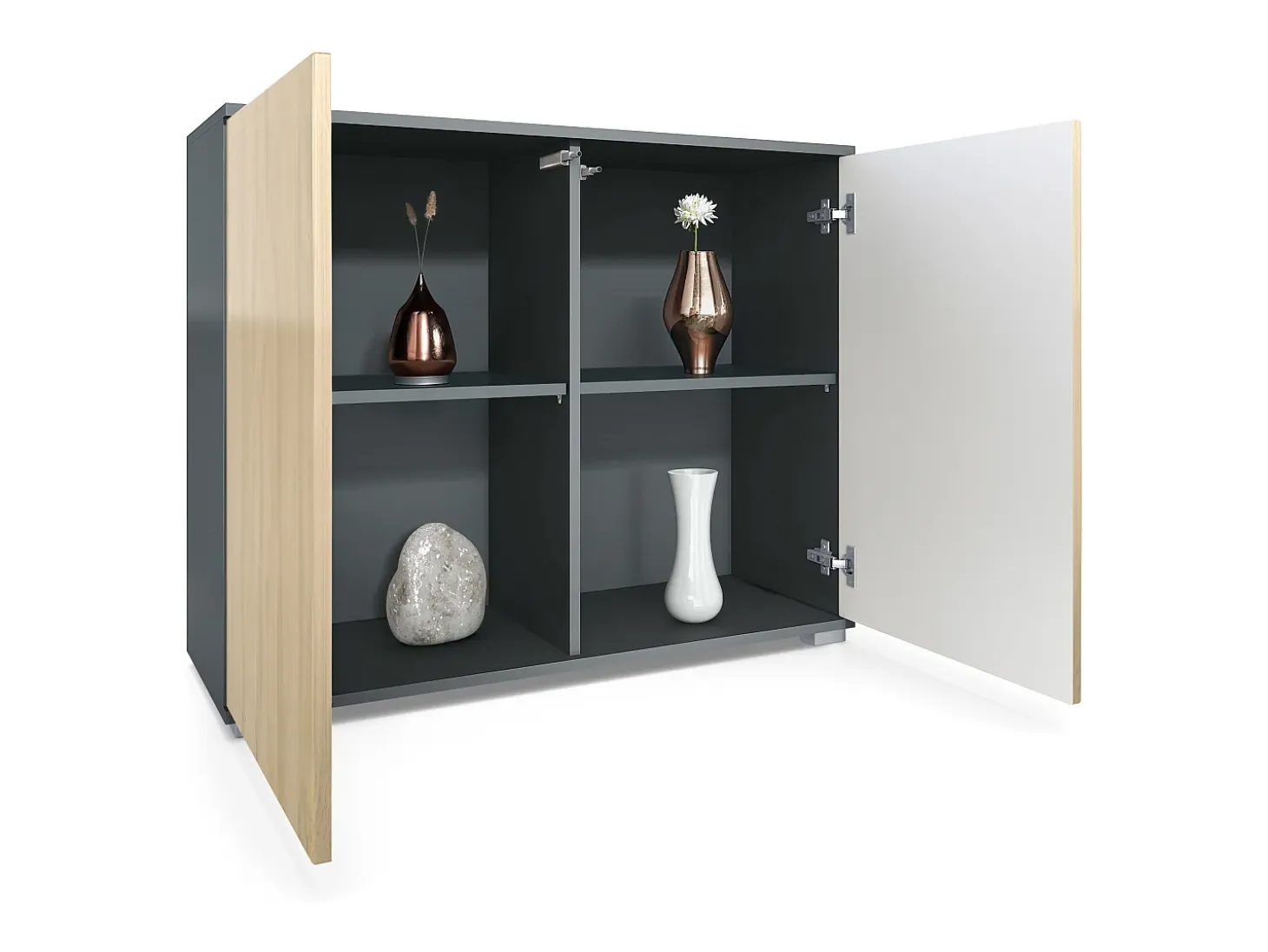 Aparador Skadu V3, Armario de Cocina Moderno con 2 Puertas Grandes antracita mate / roble natural (92,5 x 75.5 x 35)