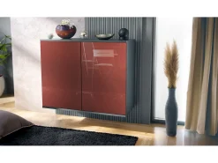 Aparador Skadu V3, Armario de Cocina Moderno con 2 Puertas Grandes antracita mate / burdeos de alto brillo (92,5 x 73.5 x 35)