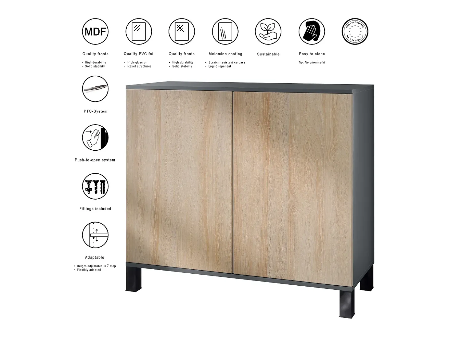 Aparador Skadu V3, Armario de Cocina Moderno con 2 Puertas Grandes antracita mate / negro de alto brillo (92,5 x 84.5 x 35)