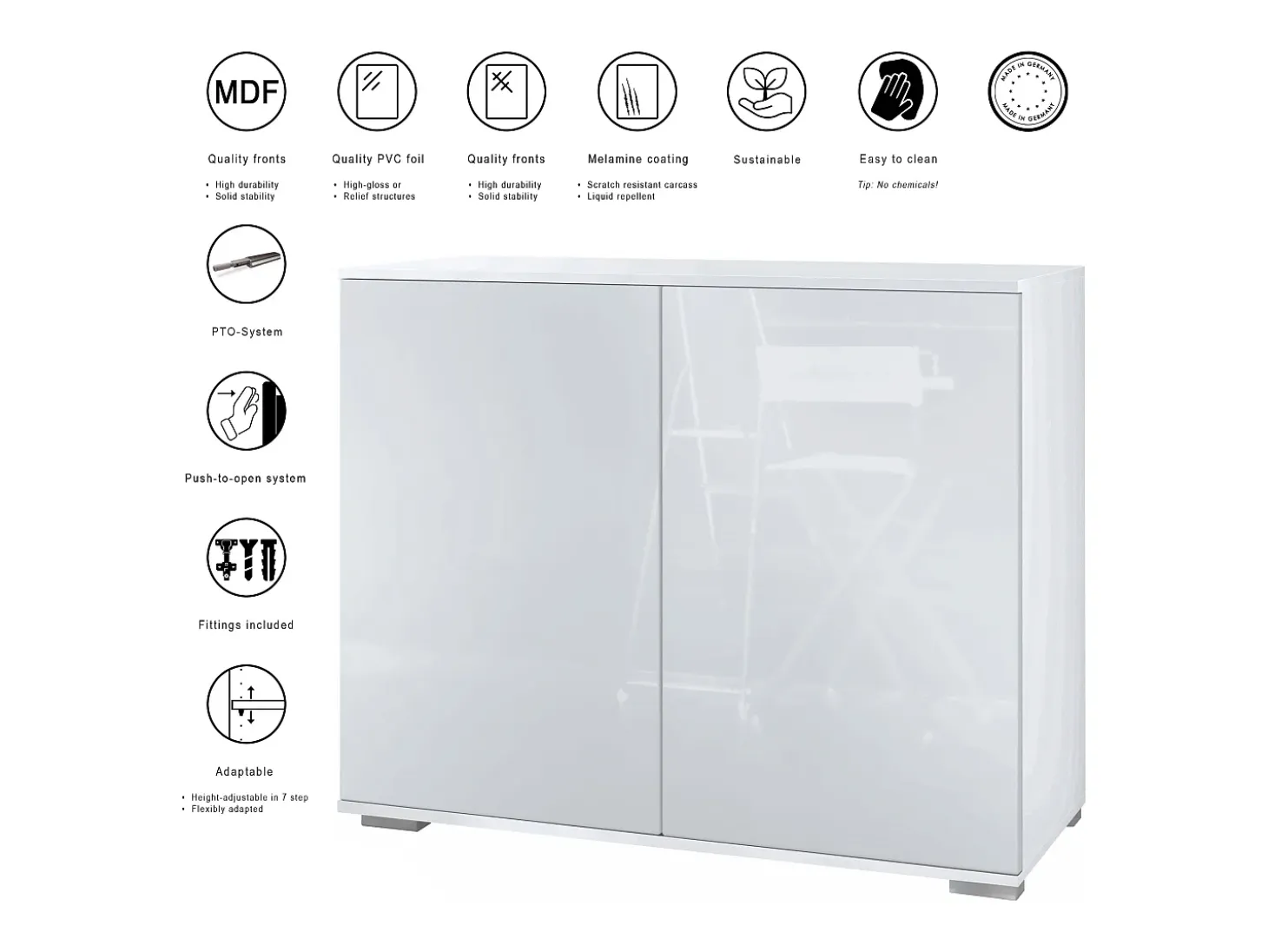 Aparador Skadu V3, Armario de Cocina Moderno con 2 Puertas Grandes blanco mate / blanco de alto brillo (92,5 x 75.5 x 35)
