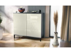 Aparador Skadu V3, Armario de Cocina Moderno con 2 Puertas Grandes antracita mate / crema de alto brillo (92,5 x 83.5 x 35)