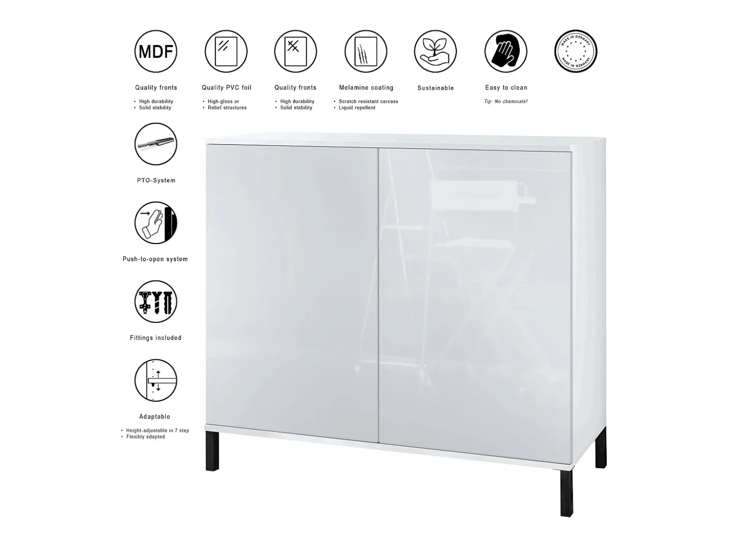 Aparador Skadu V3, Armario de Cocina Moderno con 2 Puertas Grandes blanco mate / negro de alto brillo (92,5 x 83.5 x 35)