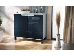 Aparador Sylt V3, Armario de Cocina Moderno con 2 Puertas Grandes blanco mate / negro de alto brillo (92,5 x 84.5 x 35)