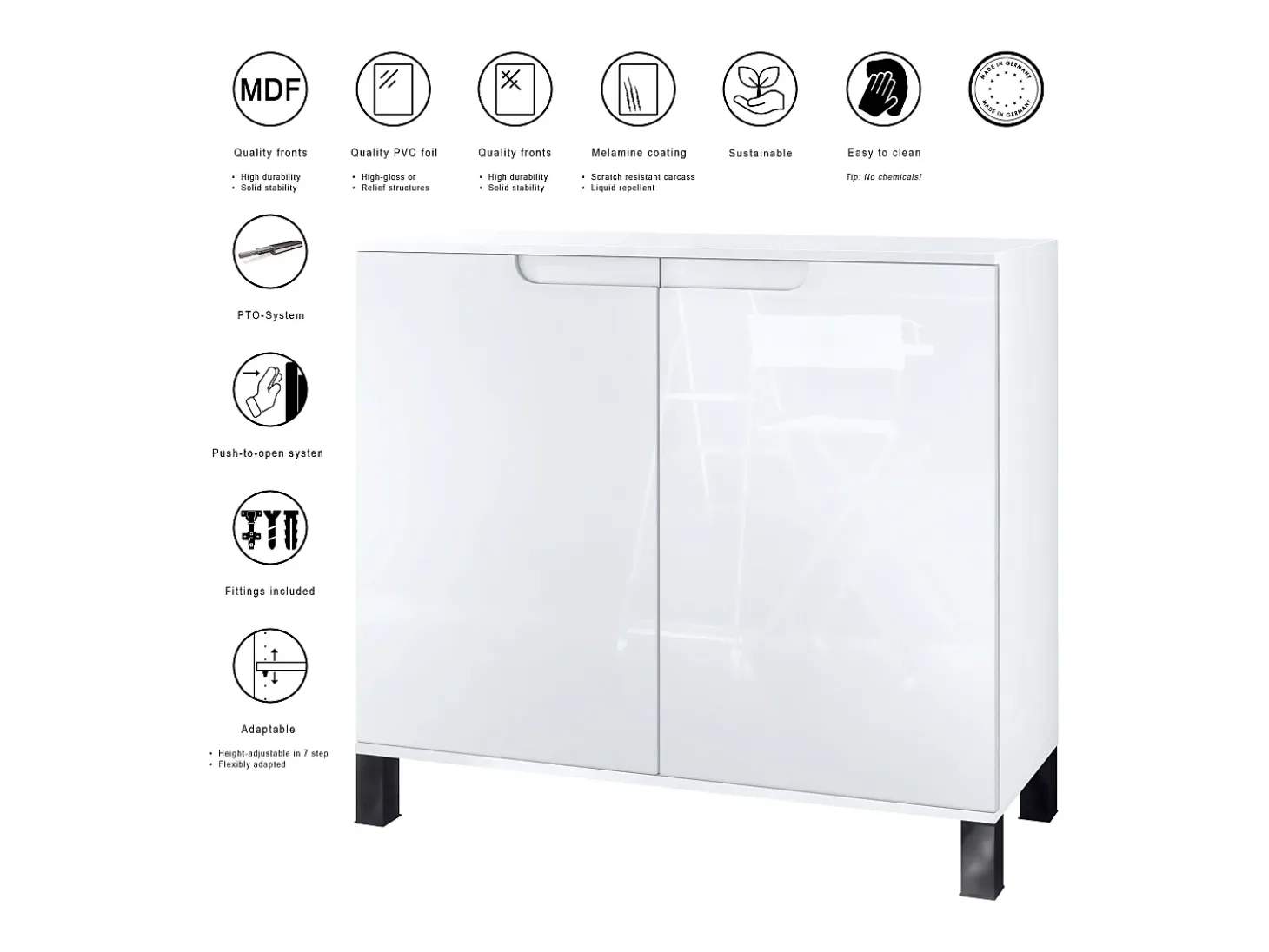 Aparador Sylt V3, Armario de Cocina Moderno con 2 Puertas Grandes blanco mate / negro de alto brillo (92,5 x 84.5 x 35)