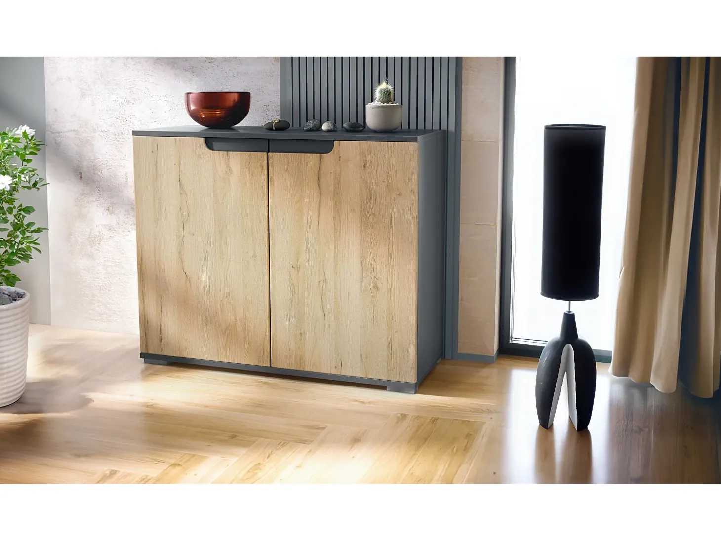 Aparador Sylt V3, Armario de Cocina Moderno con 2 Puertas Grandes antracita mate / roble natural (92,5 x 75.5 x 35)