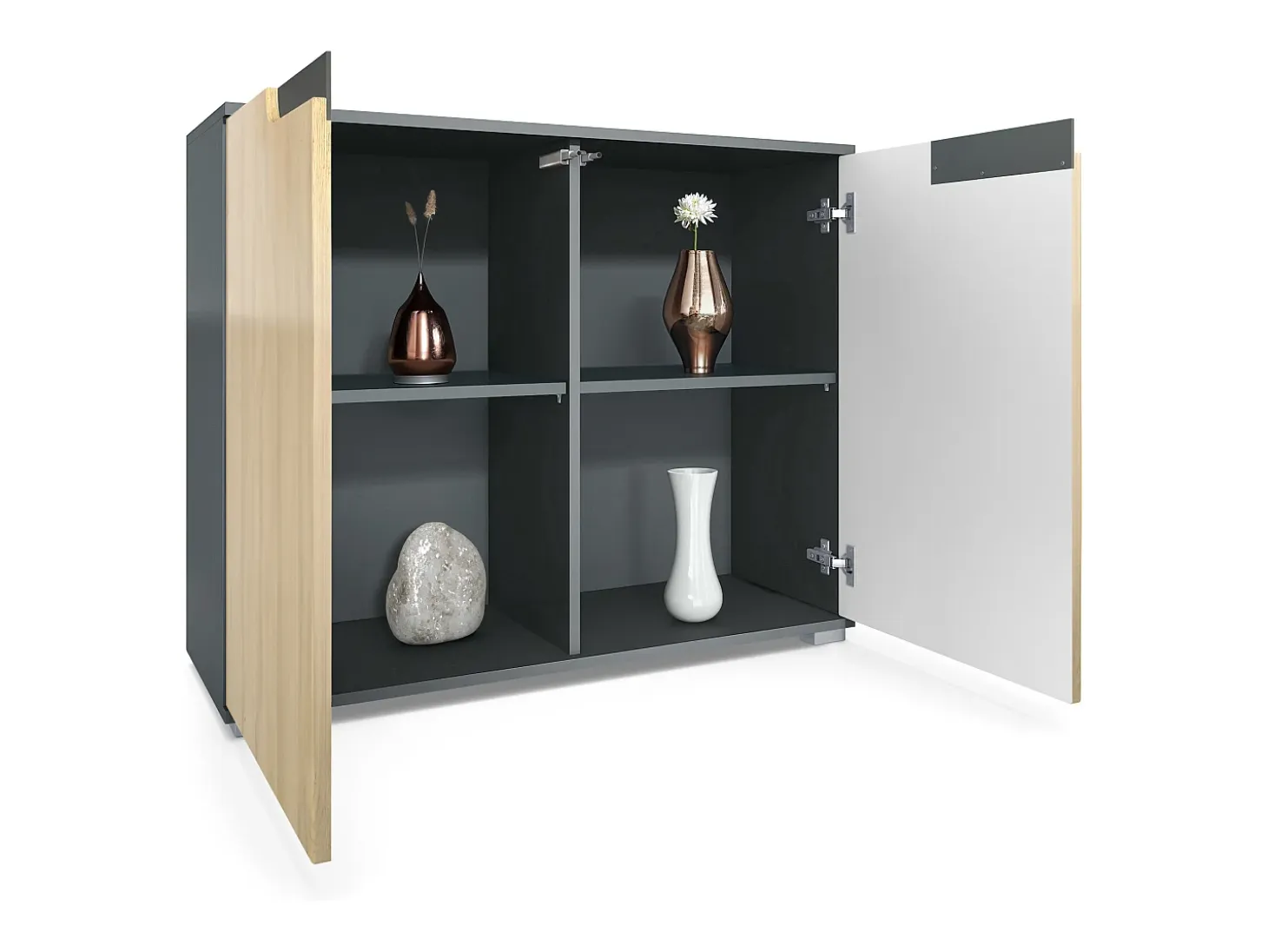 Aparador Sylt V3, Armario de Cocina Moderno con 2 Puertas Grandes antracita mate / roble natural (92,5 x 75.5 x 35)