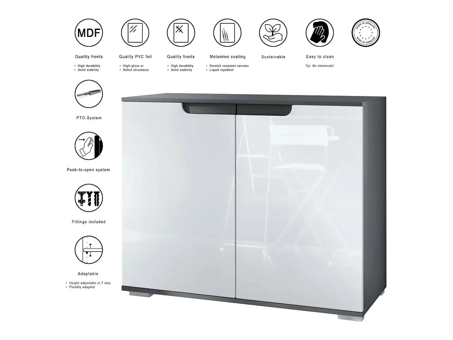 Aparador Sylt V3, Armario de Cocina Moderno con 2 Puertas Grandes antracita mate / gris arena de alto brillo (92,5 x 75.5 x 35)