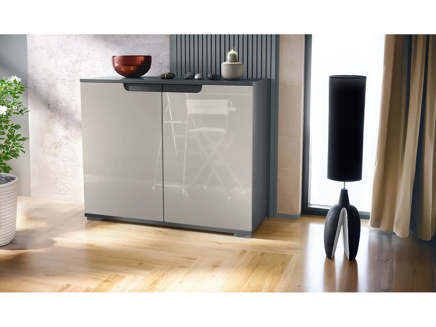 Aparador Sylt V3, Armario de Cocina Moderno con 2 Puertas Grandes antracita mate / gris arena de alto brillo (92,5 x 75.5 x 35)