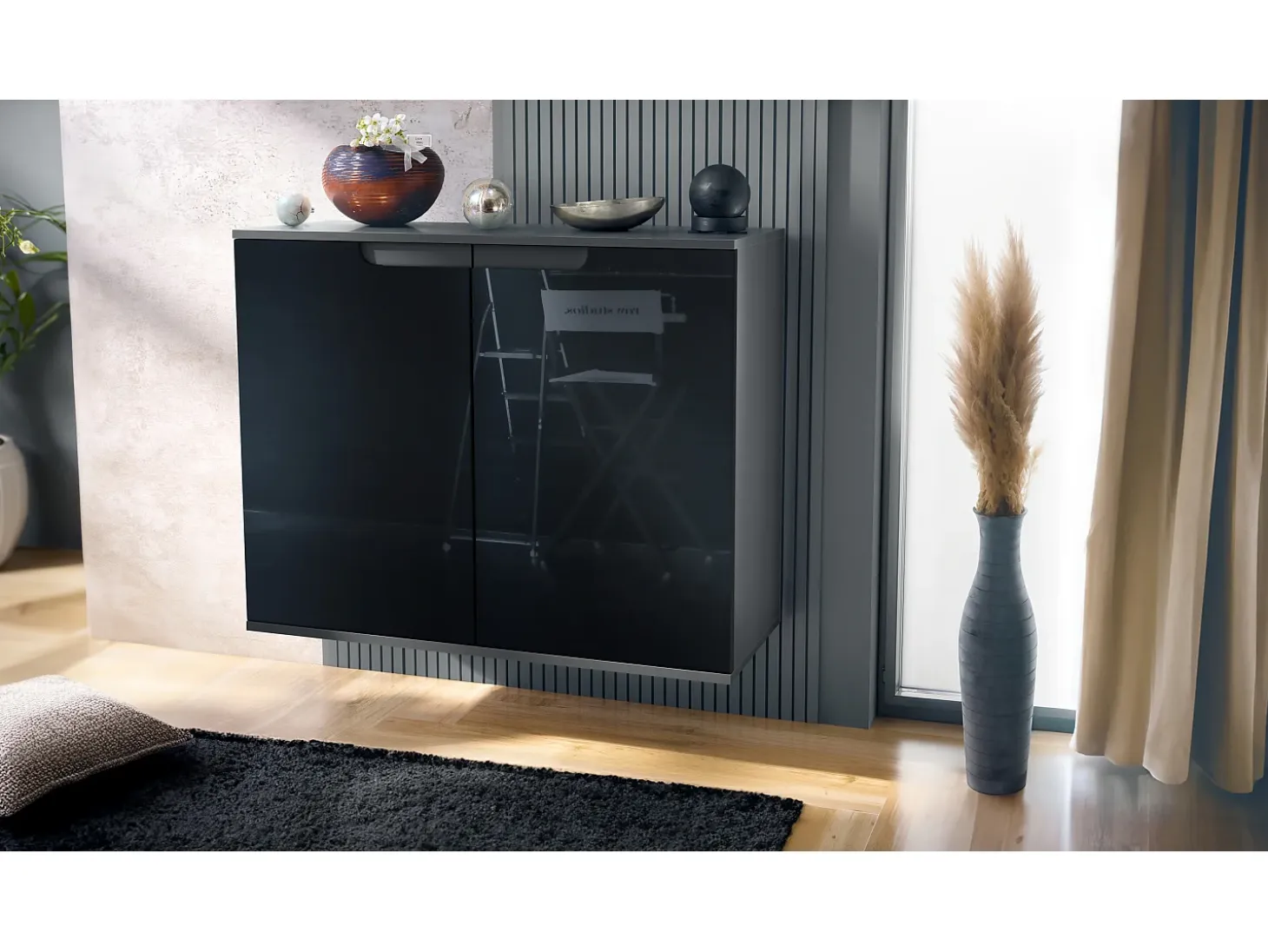 Aparador Sylt V3, Armario de Cocina Moderno con 2 Puertas Grandes antracita mate / negro de alto brillo (92,5 x 73.5 x 35)