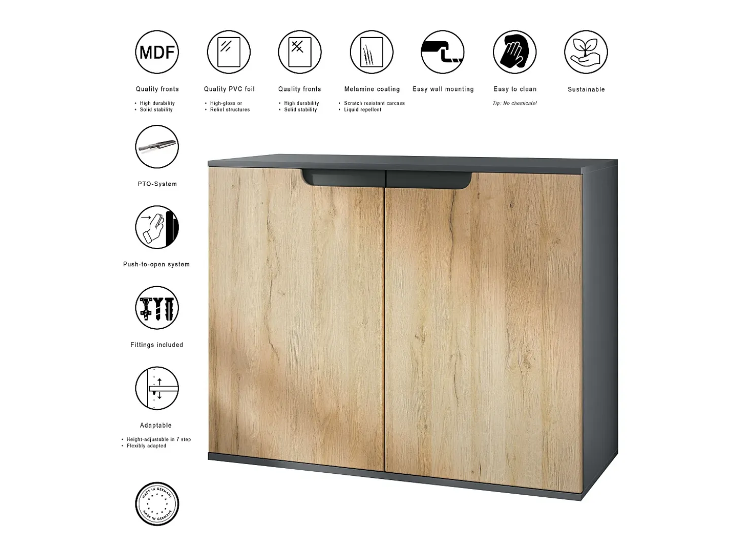 Aparador Sylt V3, Armario de Cocina Moderno con 2 Puertas Grandes antracita mate / negro de alto brillo (92,5 x 73.5 x 35)