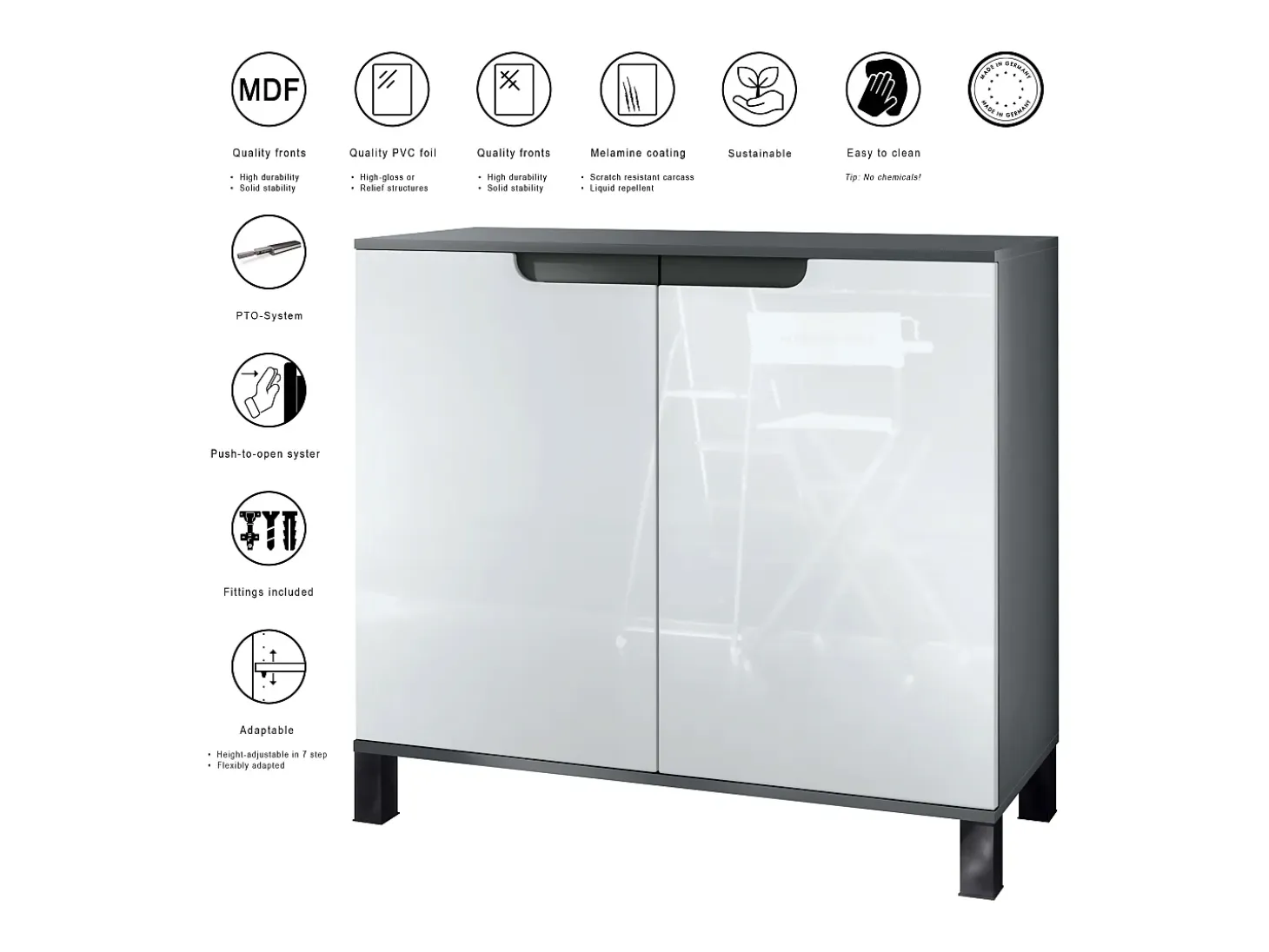 Aparador Sylt V3, Armario de Cocina Moderno con 2 Puertas Grandes antracita mate / gris arena de alto brillo (92,5 x 84.5 x 35)