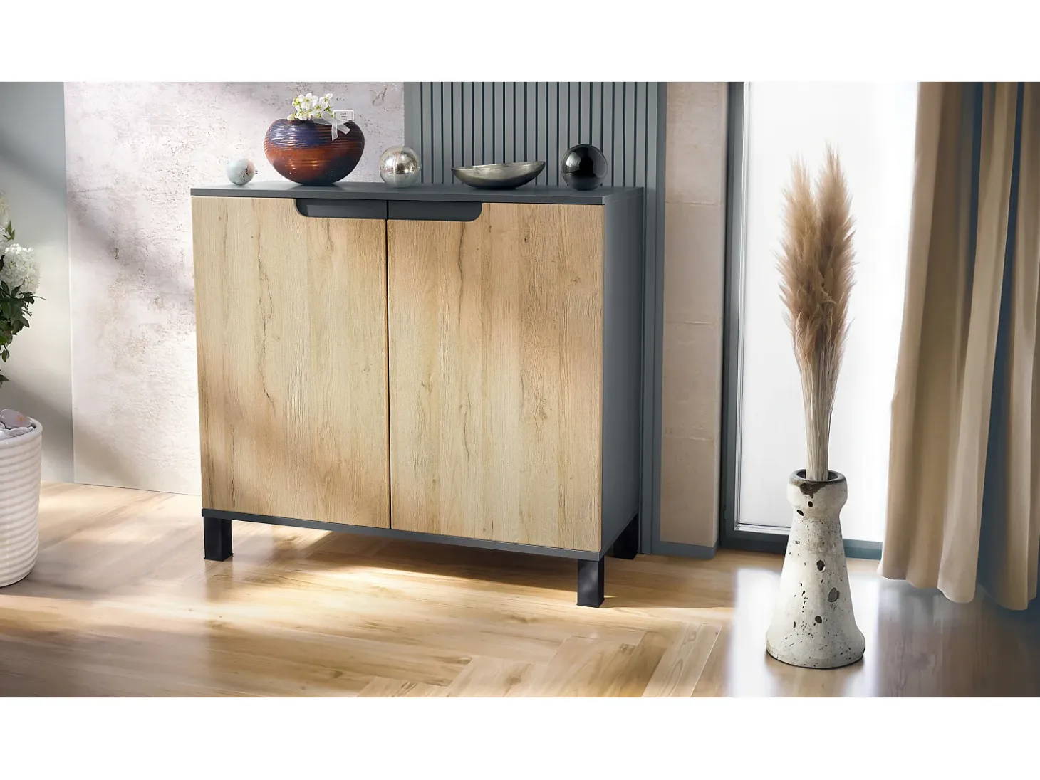 Aparador Sylt V3, Armario de Cocina Moderno con 2 Puertas Grandes antracita mate / roble natural (92,5 x 84.5 x 35)