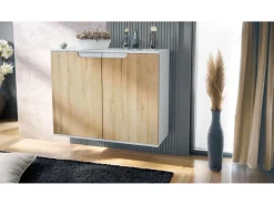 Aparador Sylt V3, Armario de Cocina Moderno con 2 Puertas Grandes blanco mate / roble natural (92,5 x 73.5 x 35)