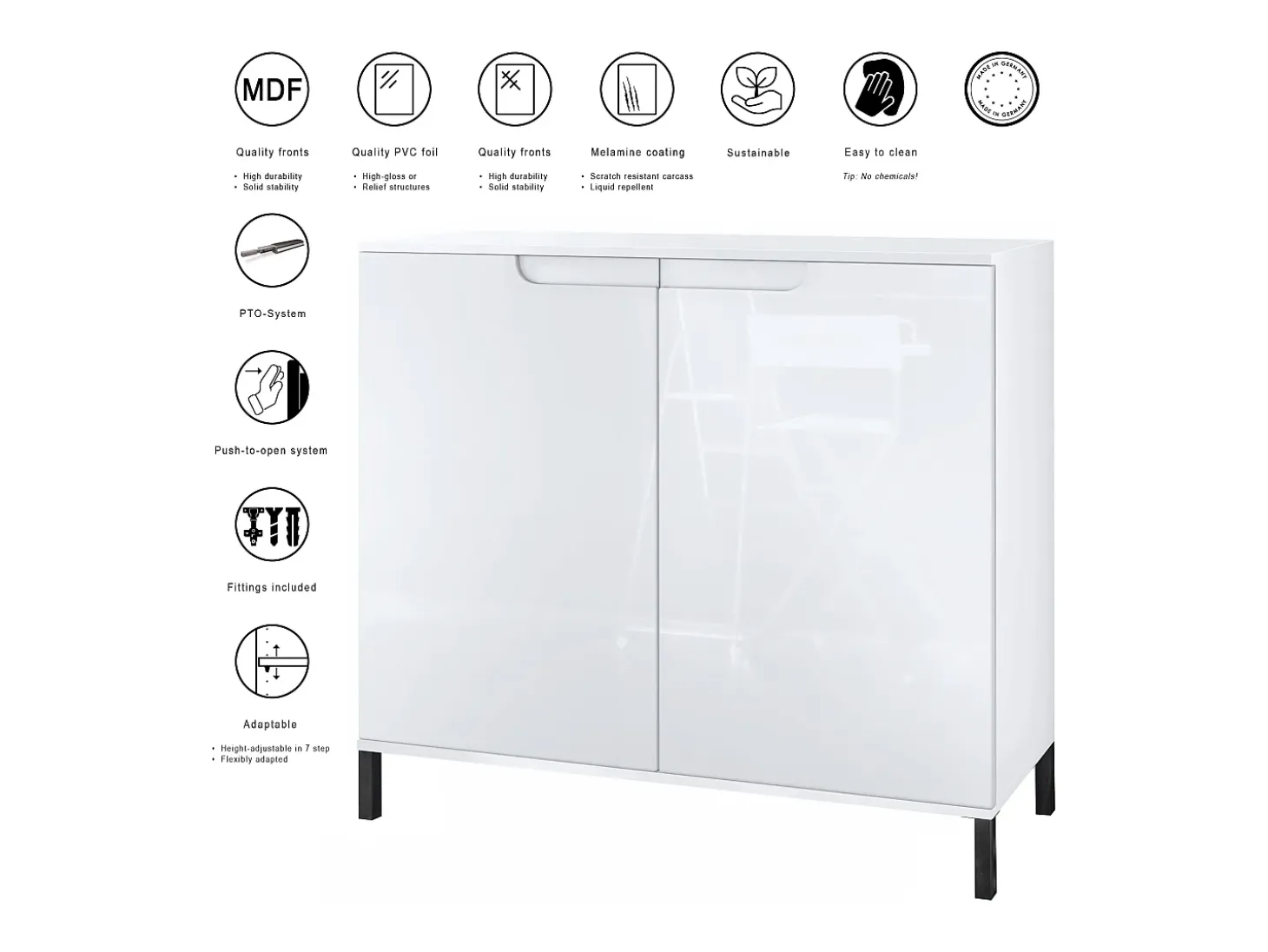 Aparador Sylt V3, Armario de Cocina Moderno con 2 Puertas Grandes blanco mate / negro de alto brillo (92,5 x 83.5 x 35)
