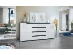 Aparador Sylt V2, Cómoda con 2 Puertas y 4 Cajones, Cuerpo - antracita mate / Frontal - blanco de alto brillo / Detalles - antracita mate (166,5 x 75,5 x 35 cm)