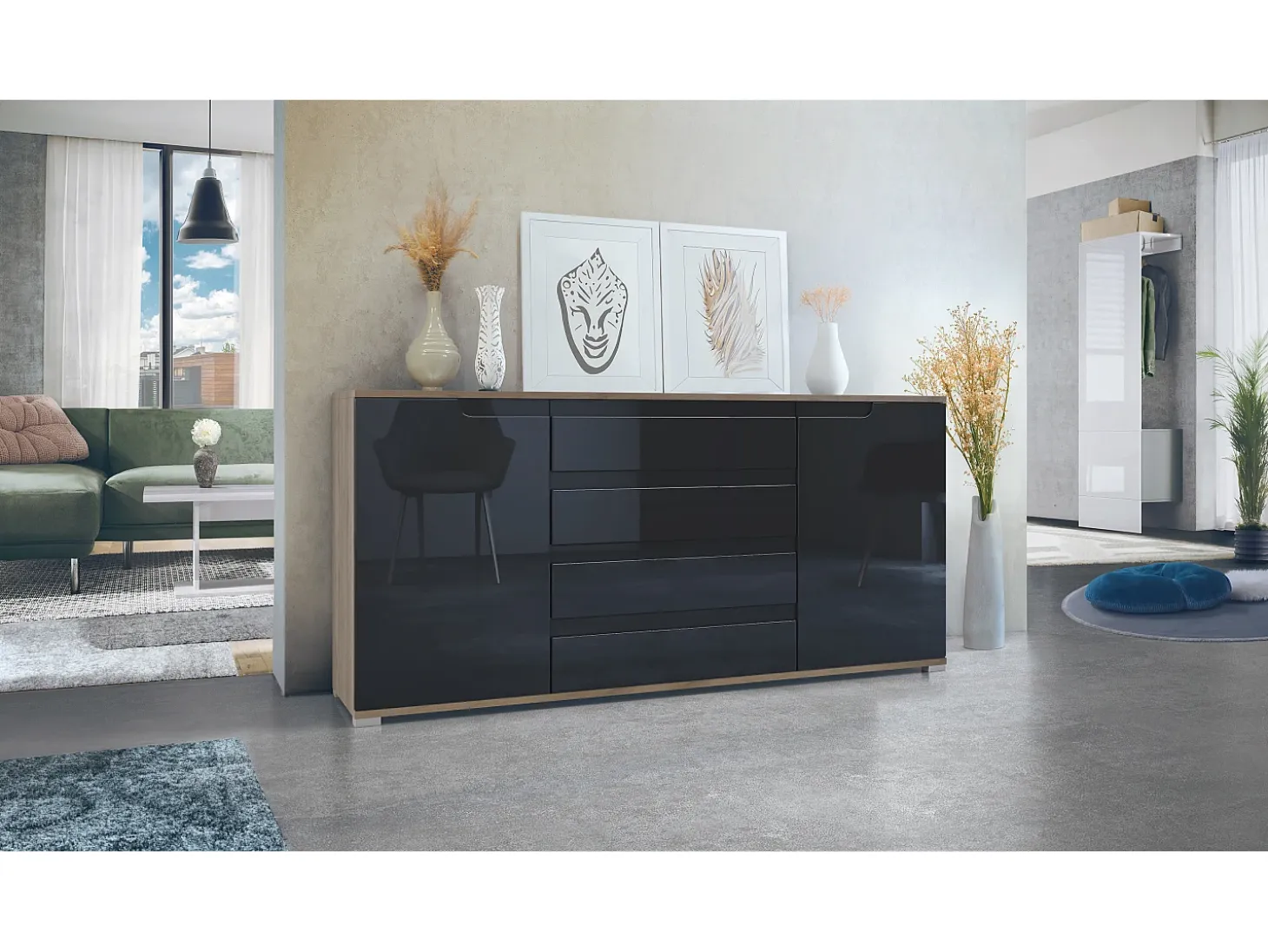 Aparador Sylt V2, Cómoda con 2 Puertas y 4 Cajones, Cuerpo - Roble Evoke / Frontal - negro de alto brillo / Detalles - negro de alto brillo (166,5 x 75,5 x 35 cm)