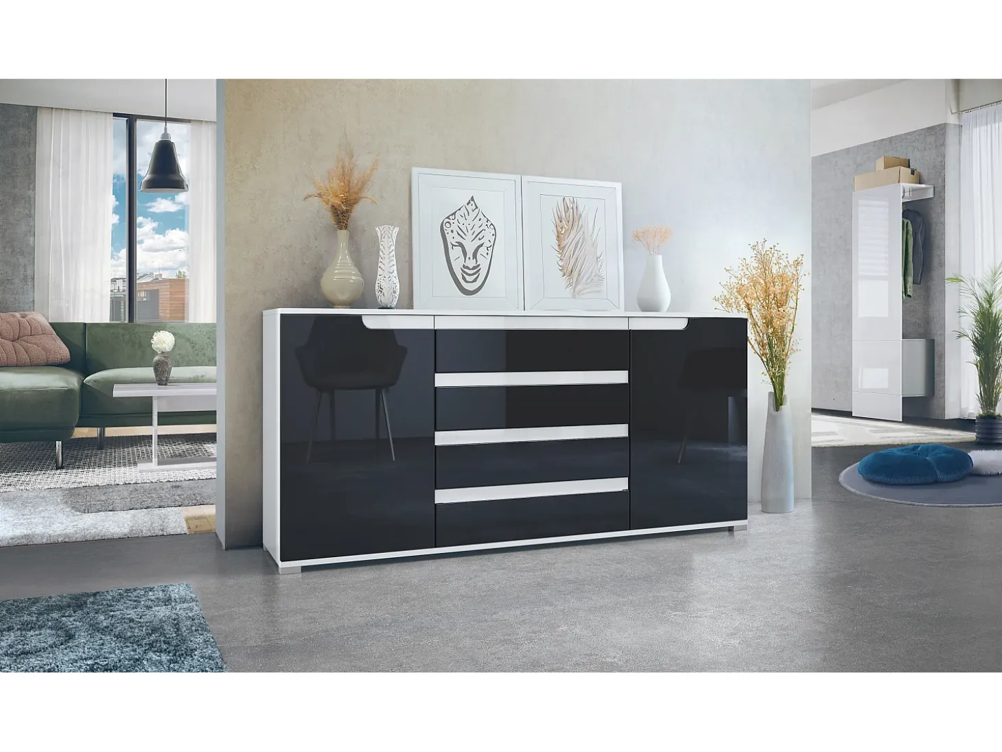 Aparador Sylt V2, Cómoda con 2 Puertas y 4 Cajones, Cuerpo - blanco mate / Frontal - negro de alto brillo / Detalles - blanco de alto brillo (166,5 x 75,5 x 35 cm)
