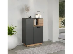 Aparador Synnax 1 puerta grande, 1 puerta pequeña, 1 estante, 2 cajones gris, decoración roble.