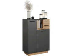 Aparador Synnax 1 puerta grande, 1 puerta pequeña, 1 estante, 2 cajones gris, decoración roble.