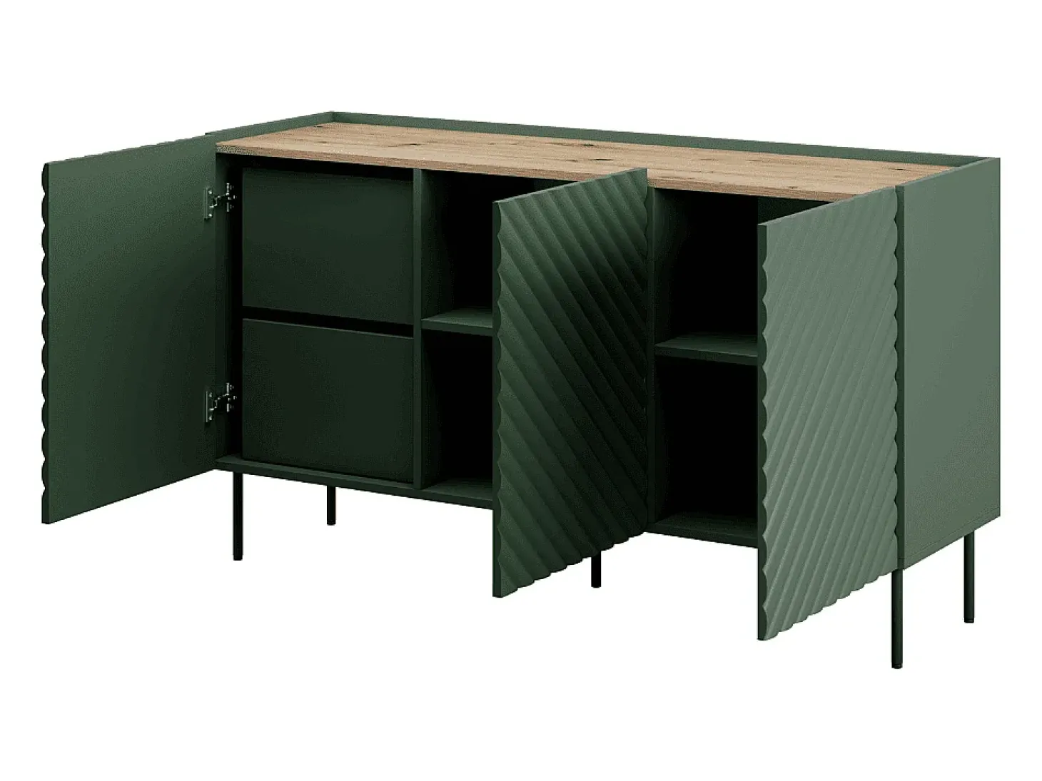 Aparador verde y madera 150 cm 3 puertas 2 cajones Emile
