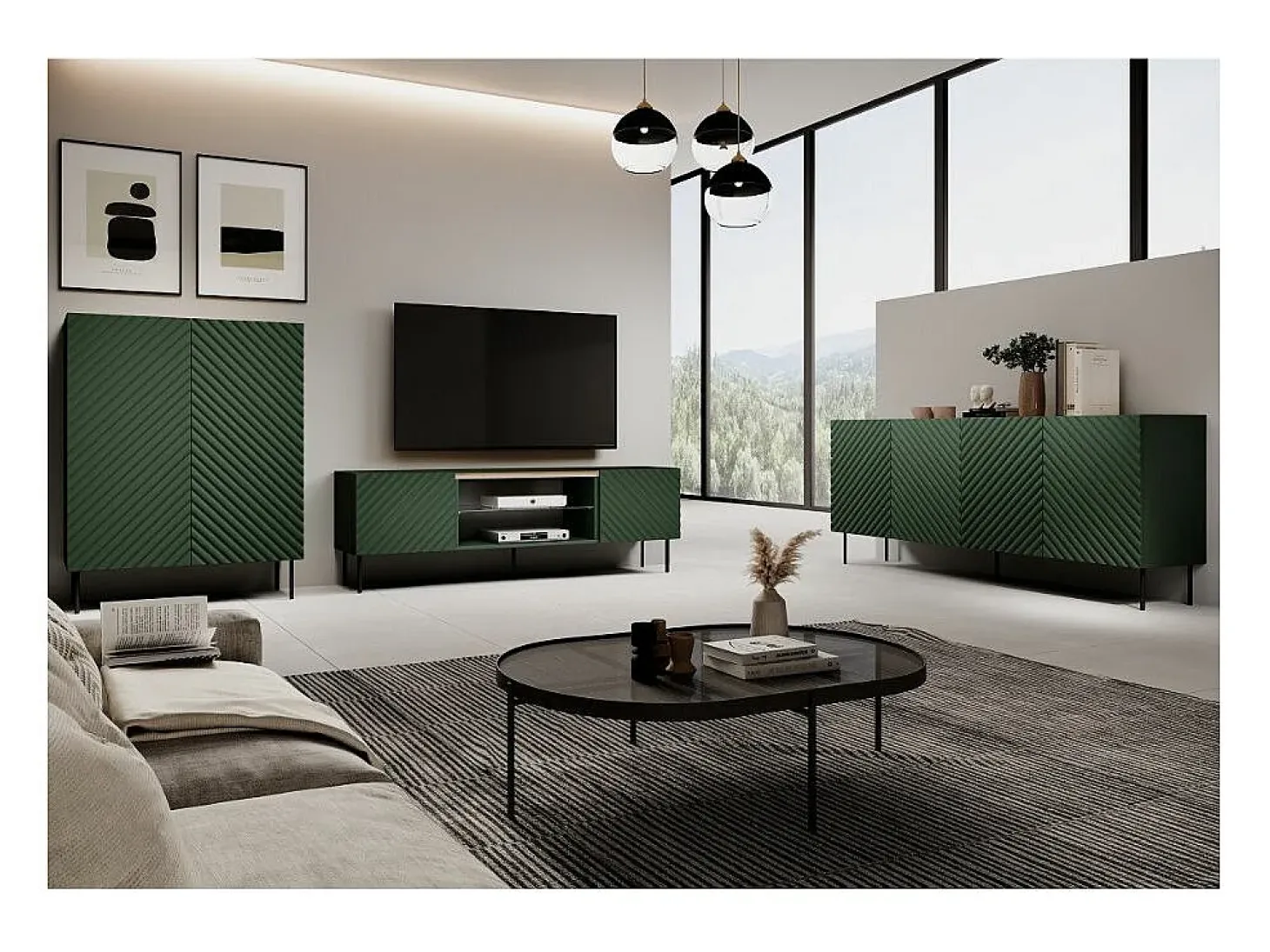 Aparador verde y madera 200cm 4 puertas 2 cajones Emile