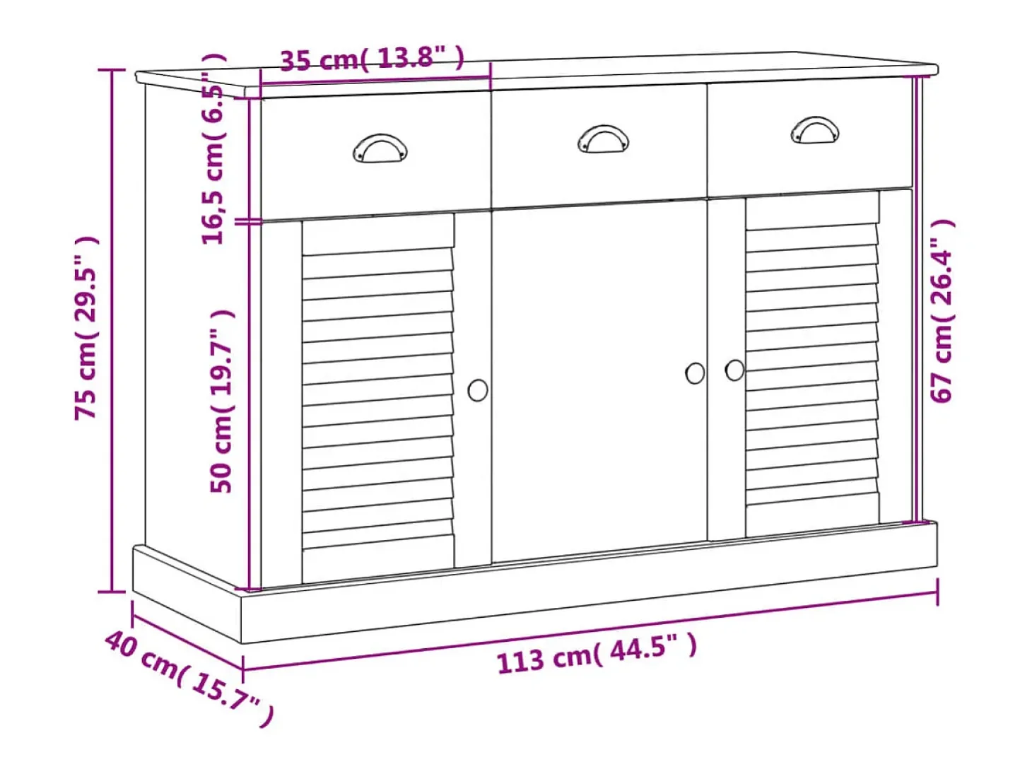 Aparador VIGO con cajones 113x40x75 cm madera maciza de pino gris