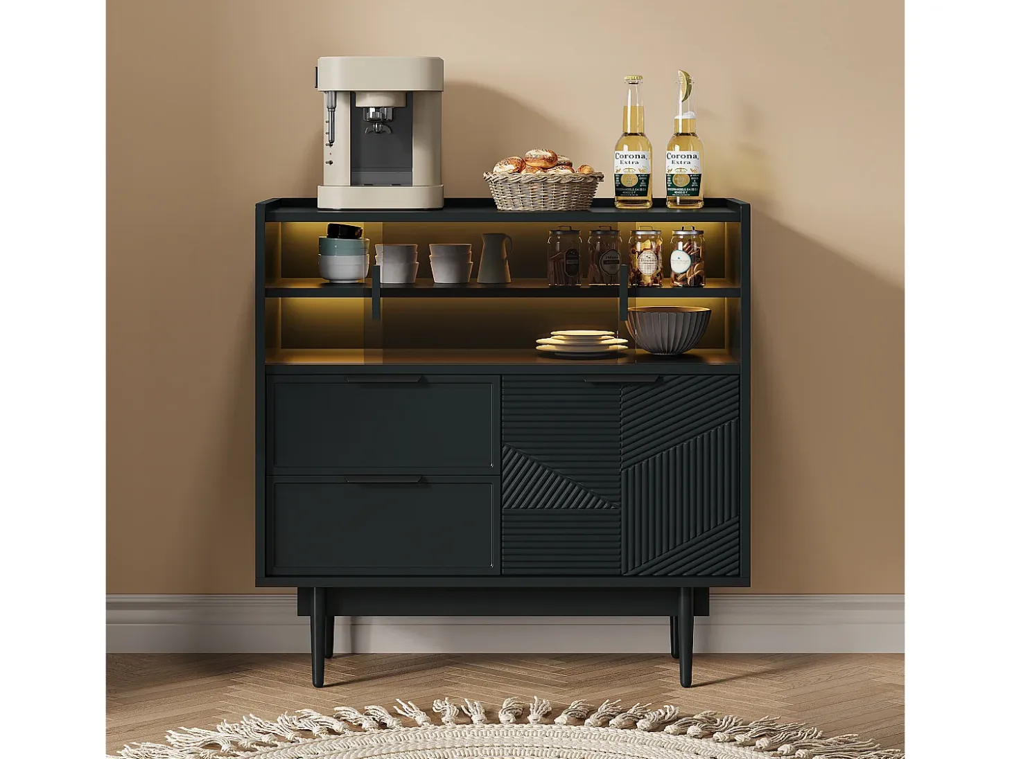 Aparador, vitrina con 2 cajones, 1 puerta de madera y 2 puertas correderas de cristal - 80 x 35 x 80 cm - Madera MDF - Negro