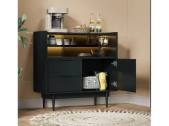 Aparador, vitrina con 2 cajones, 1 puerta de madera y 2 puertas correderas de cristal - 80 x 35 x 80 cm - Madera MDF - Negro