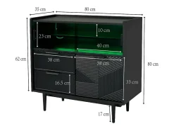 Aparador, vitrina con 2 cajones, 1 puerta de madera y 2 puertas correderas de cristal - 80 x 35 x 80 cm - Madera MDF - Negro