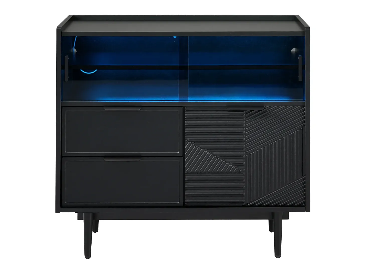 Aparador, vitrina con 2 cajones, 1 puerta de madera y 2 puertas correderas de cristal - 80 x 35 x 80 cm - Madera MDF - Negro