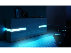 Aparador Vladon Flow, negro de alto brillo/negro de alto brillo con LED - Cómoda moderna con acristalamiento Ambient Light para su salón (177 x 75 x 39 cm)
