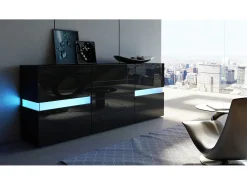 Aparador Vladon Flow, negro de alto brillo/negro de alto brillo con LED - Cómoda moderna con acristalamiento Ambient Light para su salón (177 x 75 x 39 cm)