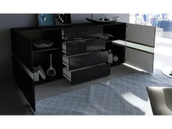 Aparador Vladon Flow, negro de alto brillo/negro de alto brillo con LED - Cómoda moderna con acristalamiento Ambient Light para su salón (177 x 75 x 39 cm)