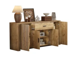 Aparador 160x40x75 cm - 4 puertas y 1 cajón - Estantes ajustables - Acabado de madera - Paneles de partículas - Natural
