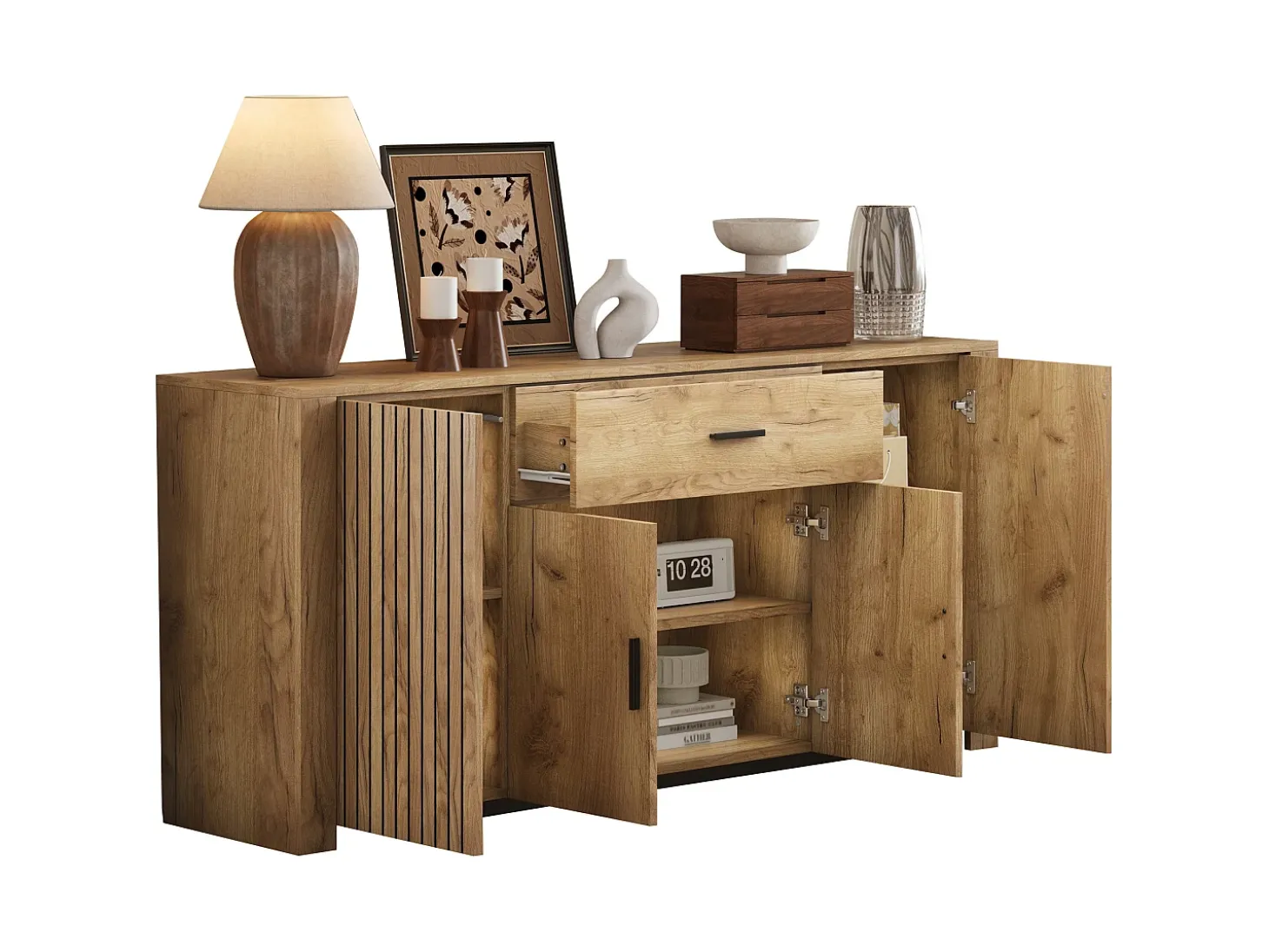 Aparador 160x40x75 cm - 4 puertas y 1 cajón - Estantes ajustables - Acabado de madera - Paneles de partículas - Natural