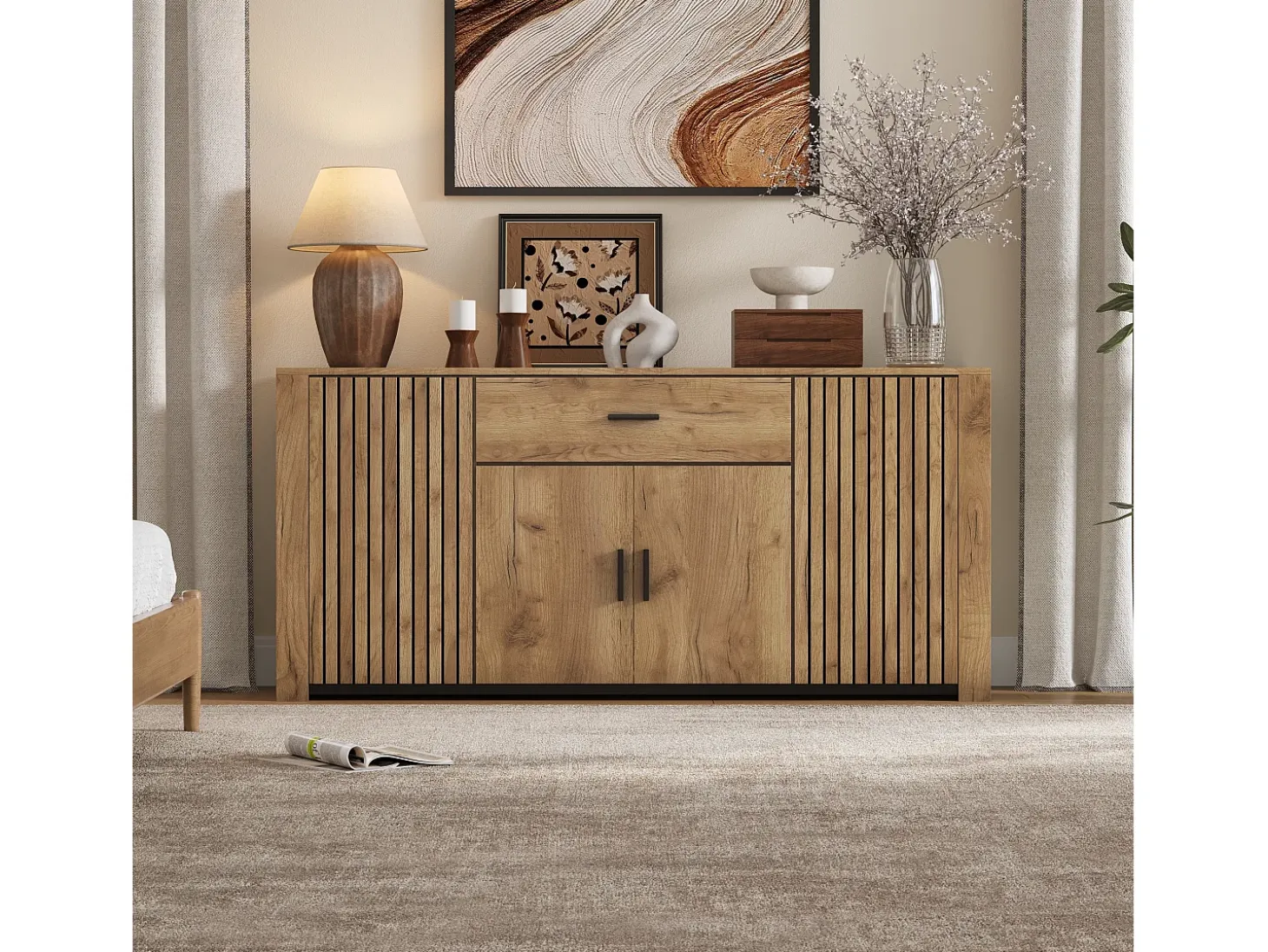 Aparador 160x40x75 cm - 4 puertas y 1 cajón - Estantes ajustables - Acabado de madera - Paneles de partículas - Natural